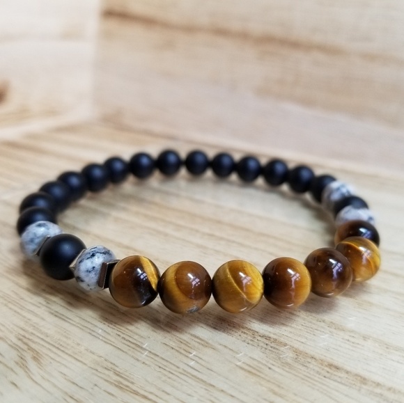 Tiger Eye & Black Onyx Beaded Gemstone Bracelet - Picture 2 of 6